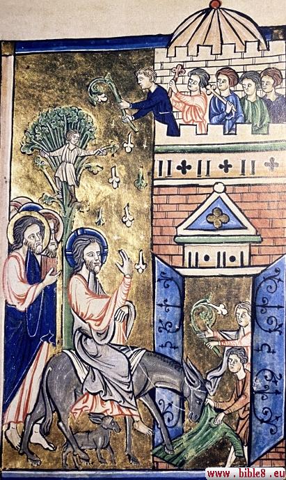 Византийское изображение въезда Иисуса в Иерусалим на ослике. Изображение из Книги Псалмов
13 века (Франция).