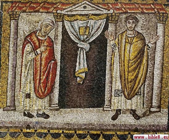 Мозаика иллюстрирует притчу Иисуса о фарисее и мытаре.