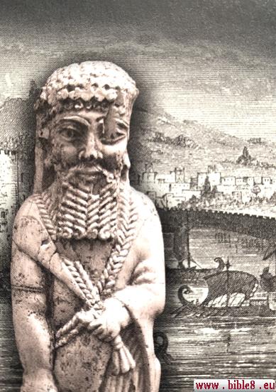 Финикийская фигурка из слоновой кости 8 века до н.э. Фон - изображение Финикийского порта 19 века. 